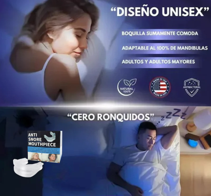 Dispositivo Bucal Antirronquidos, Apnea y Bruxismo con Diseño Ergonómico y Material Seguro BPA Free
